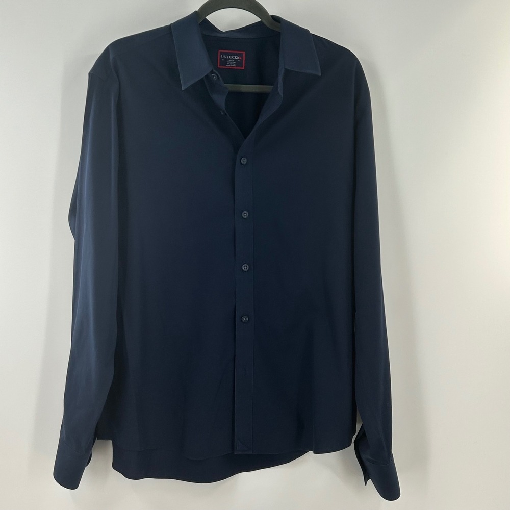 UNTUCKit Castello-WF Navy Blue Wrinkle Free Cotton Shirt Mens Large UT-14-35686